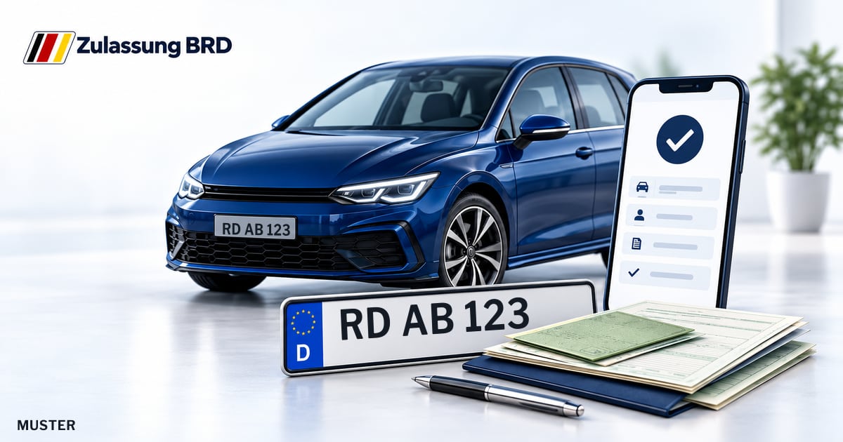 Online Fahrzeugzulassung in Altenholz: Musterkennzeichen RD AB 123, Auto und Fahrzeugpapiere und Smartphone. Illustration mit Logo von Zulassung BRD.